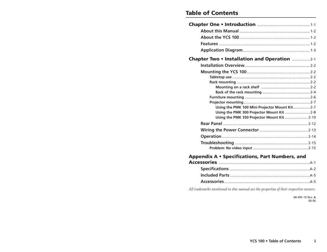 Extron electronic YCS 100 user manual Table of Contents 