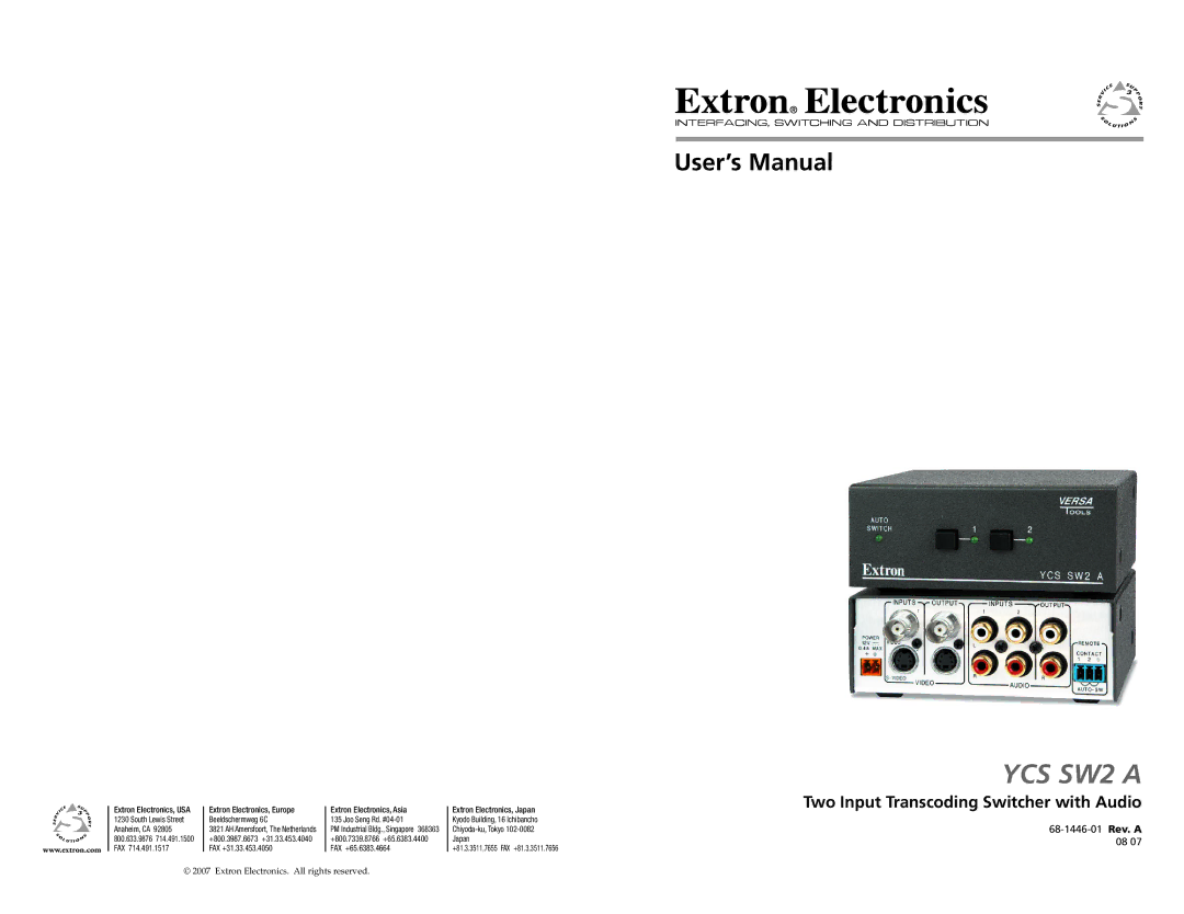 Extron electronic YCS SW2 A user manual Two Input Transcoding Switcher with Audio, Beeldschermweg 6C Joo Seng Rd. #04-01 