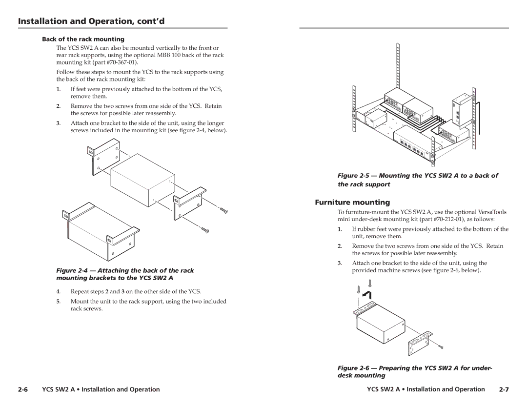 Extron electronic YCS SW2 A user manual Furniture mounting, Back of the rack mounting 