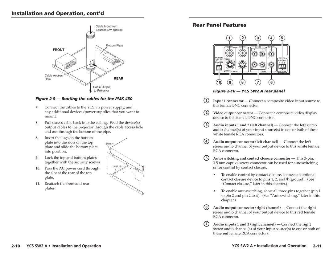 Extron electronic YCS SW2 A user manual Rear Panel Features, Autoswitching and contact closure connector This 3-pin 