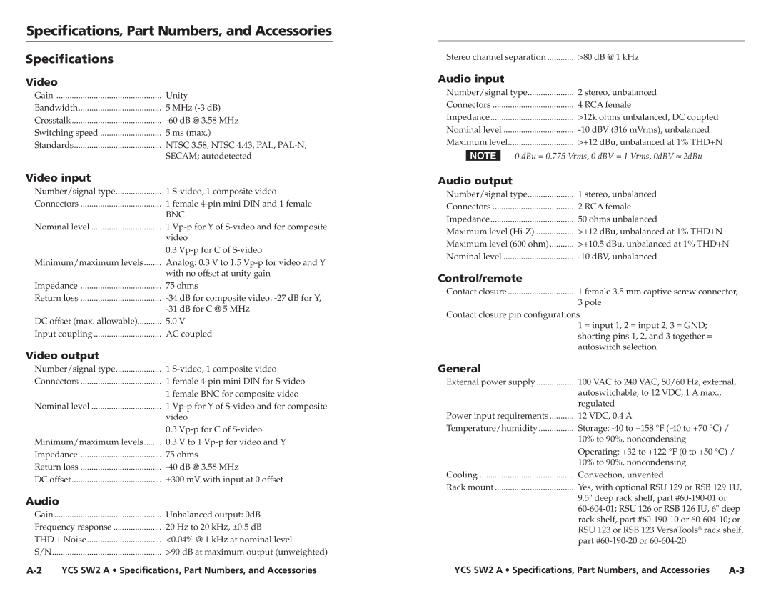 Extron electronic YCS SW2 A user manual Specifications, Part Numbers, and Accessories 