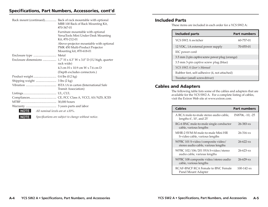 Extron electronic YCS SW2 A Specifications, Part Numbers, Accessories, cont’d, Included Parts, Cables and Adapters 