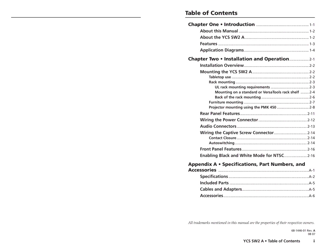 Extron electronic YCS SW2 A user manual Table of Contents 