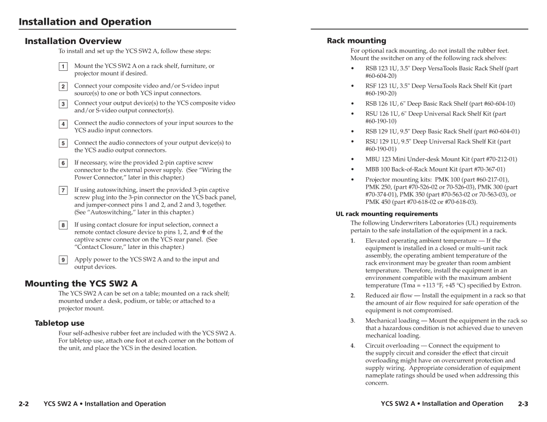 Extron electronic YCS SW2 A Installation and Operation, Installation Overview, Mounting the YCS SW2 a, Tabletop use 