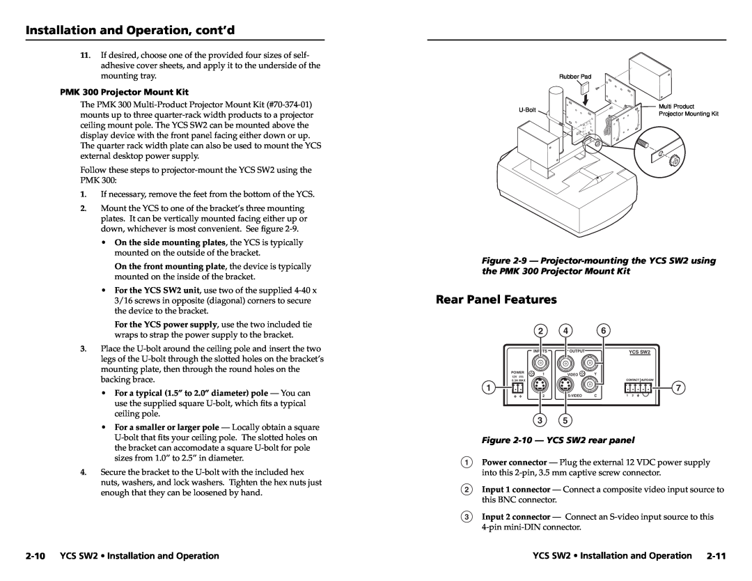 Extron electronic user manual Rear Panel Features, YCS SW2 Installation and Operation, PMK 300 Projector Mount Kit 