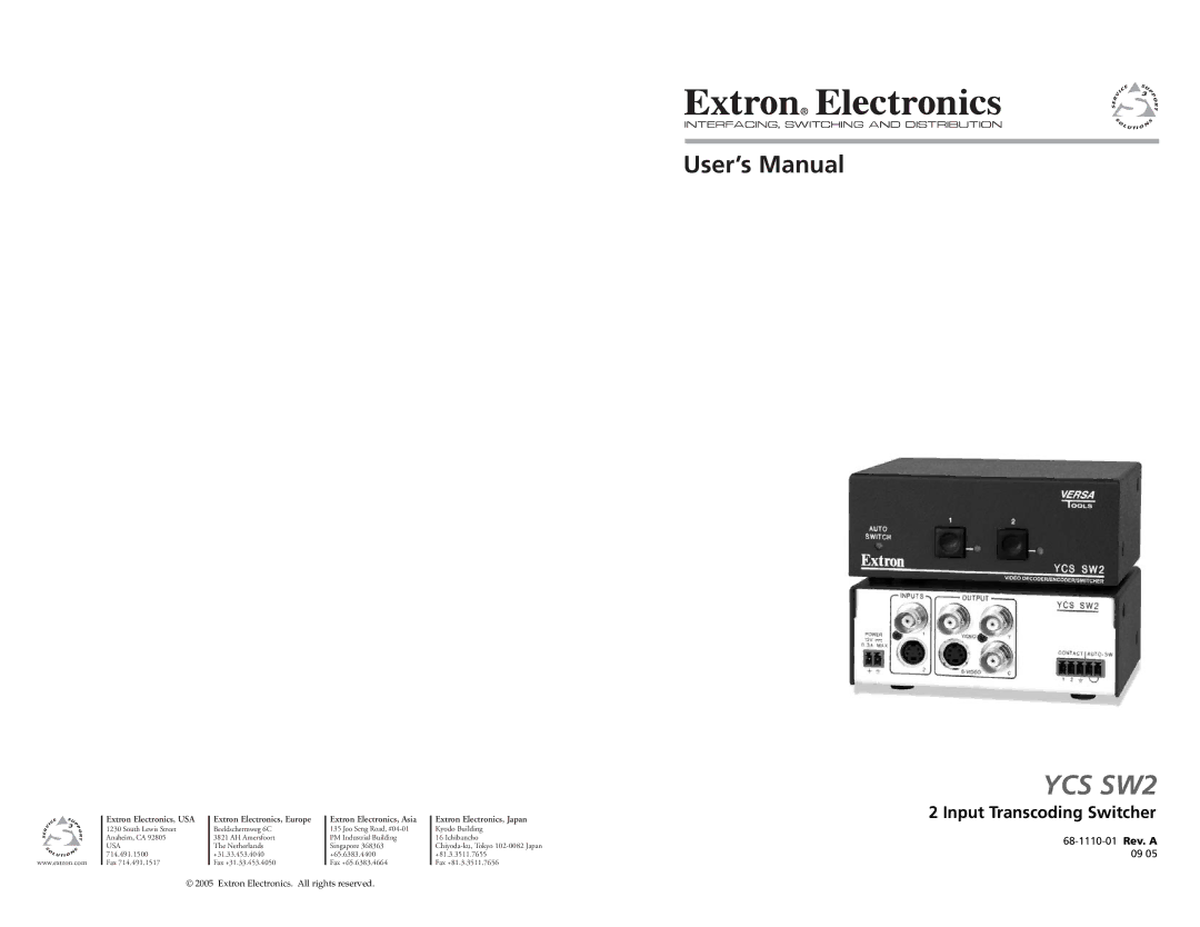 Extron electronic YCS SW2 user manual Input Transcoding Switcher, Usa 