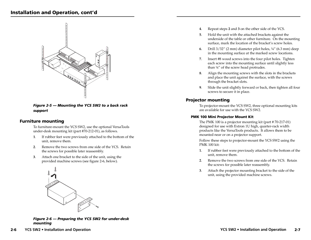 Extron electronic YCS SW2 user manual Furniture mounting, Projector mounting 