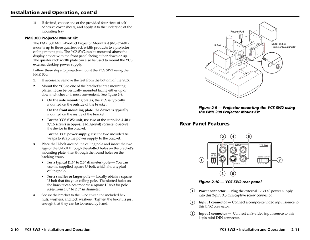 Extron electronic YCS SW2 user manual Rear Panel Features, PMK 300 Projector Mount Kit 