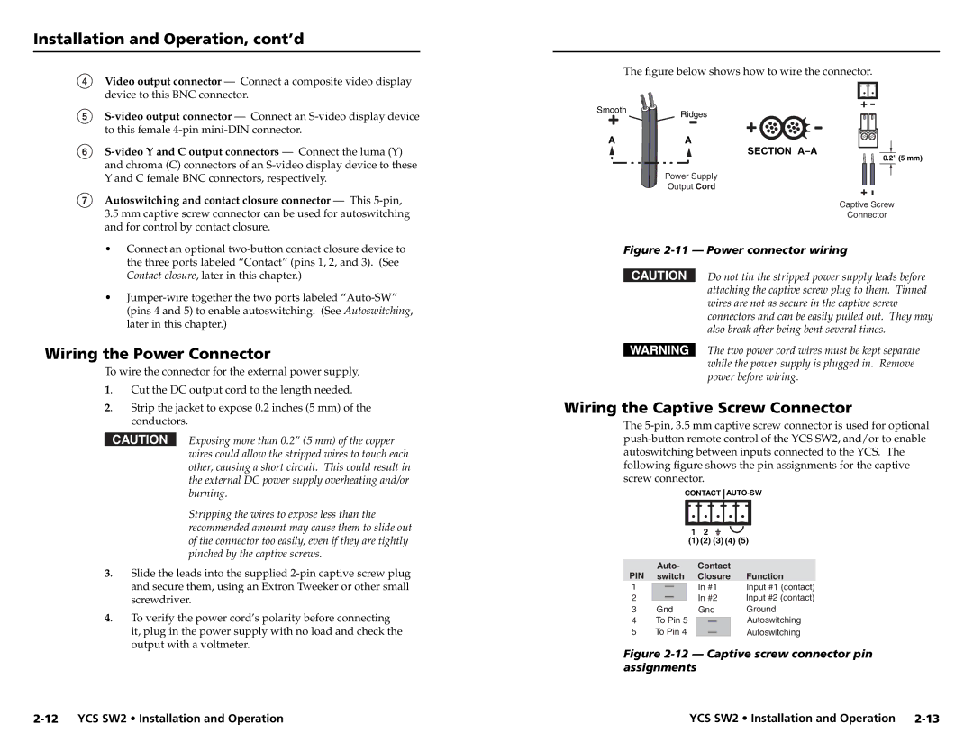 Extron electronic YCS SW2 user manual Wiring the Power Connector, Wiring the Captive Screw Connector 