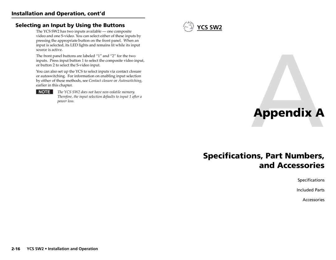 Extron electronic YCS SW2 user manual AAppendix a 