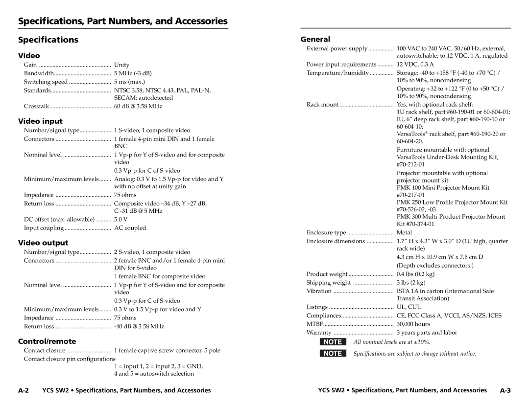 Extron electronic YCS SW2 user manual Speciﬁcations, Part Numbers, and Accessories 