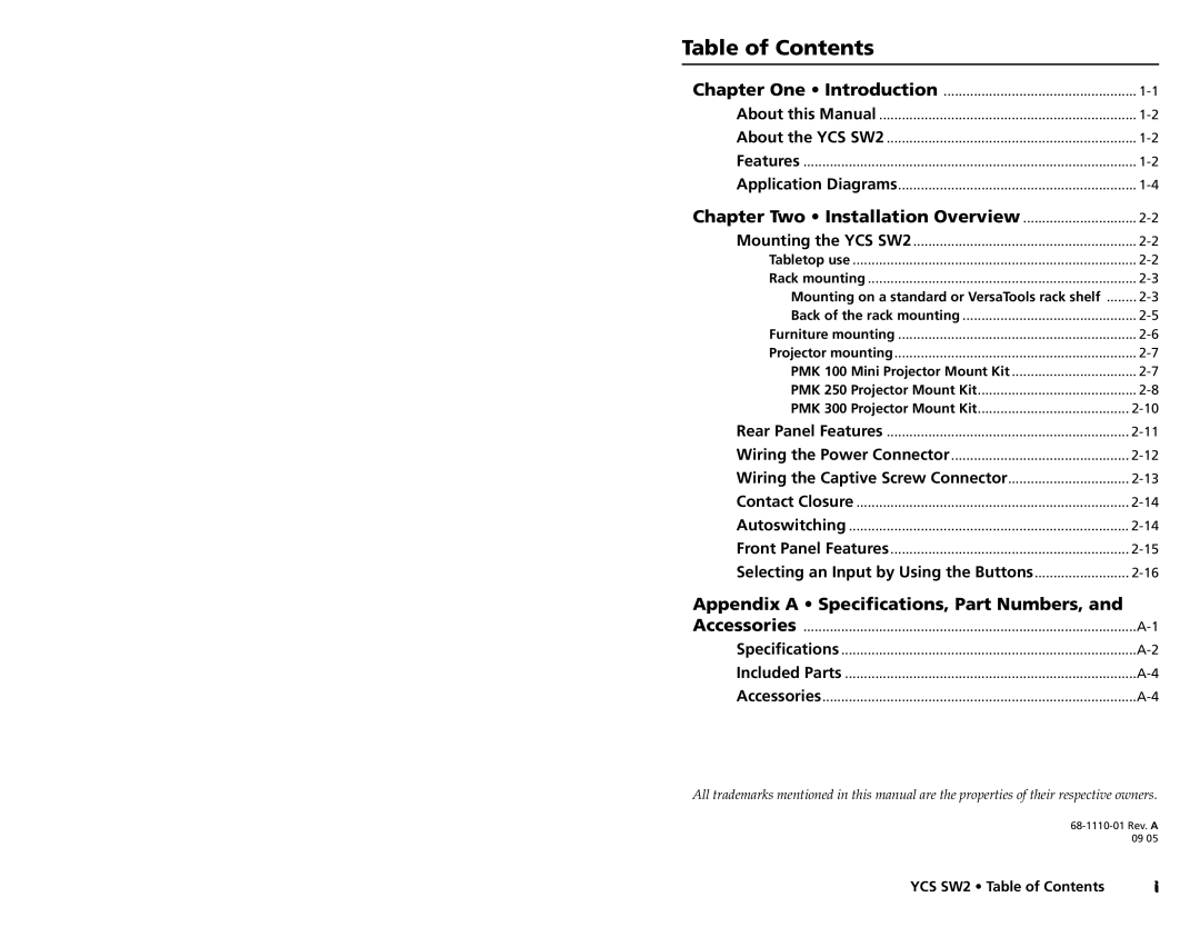 Extron electronic YCS SW2 user manual Table of Contents 