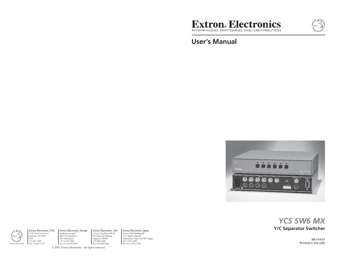 Extron electronic YCS SW6 MX user manual Separator Switcher, Usa 