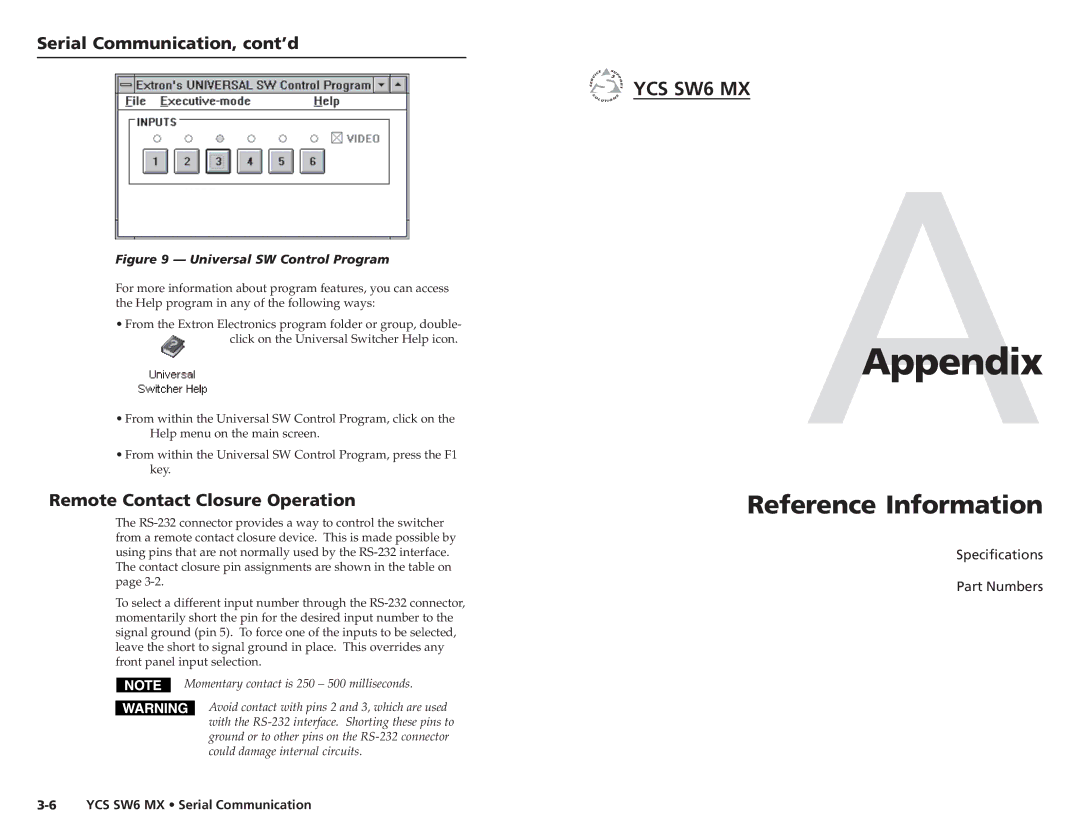 Extron electronic YCS SW6 MX user manual AAppendix, Reference Information, Remote Contact Closure Operation 