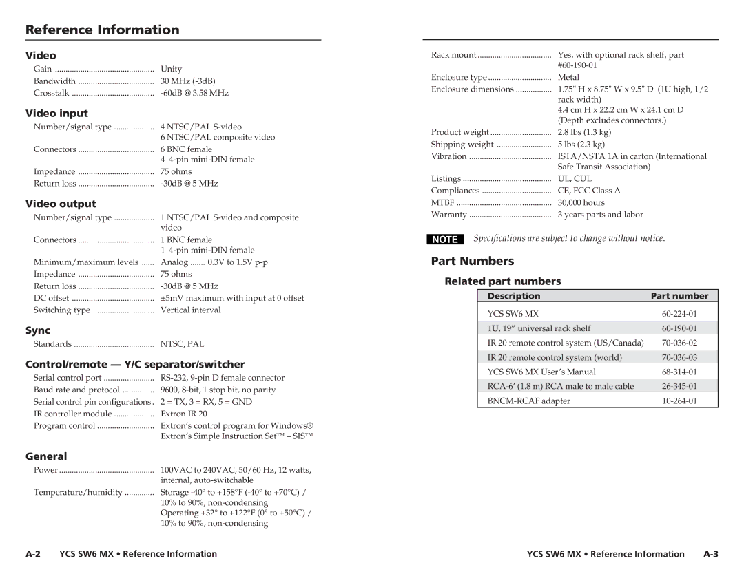 Extron electronic YCS SW6 MX user manual ReferencerenceInformation,cont’d, Part Numbers 