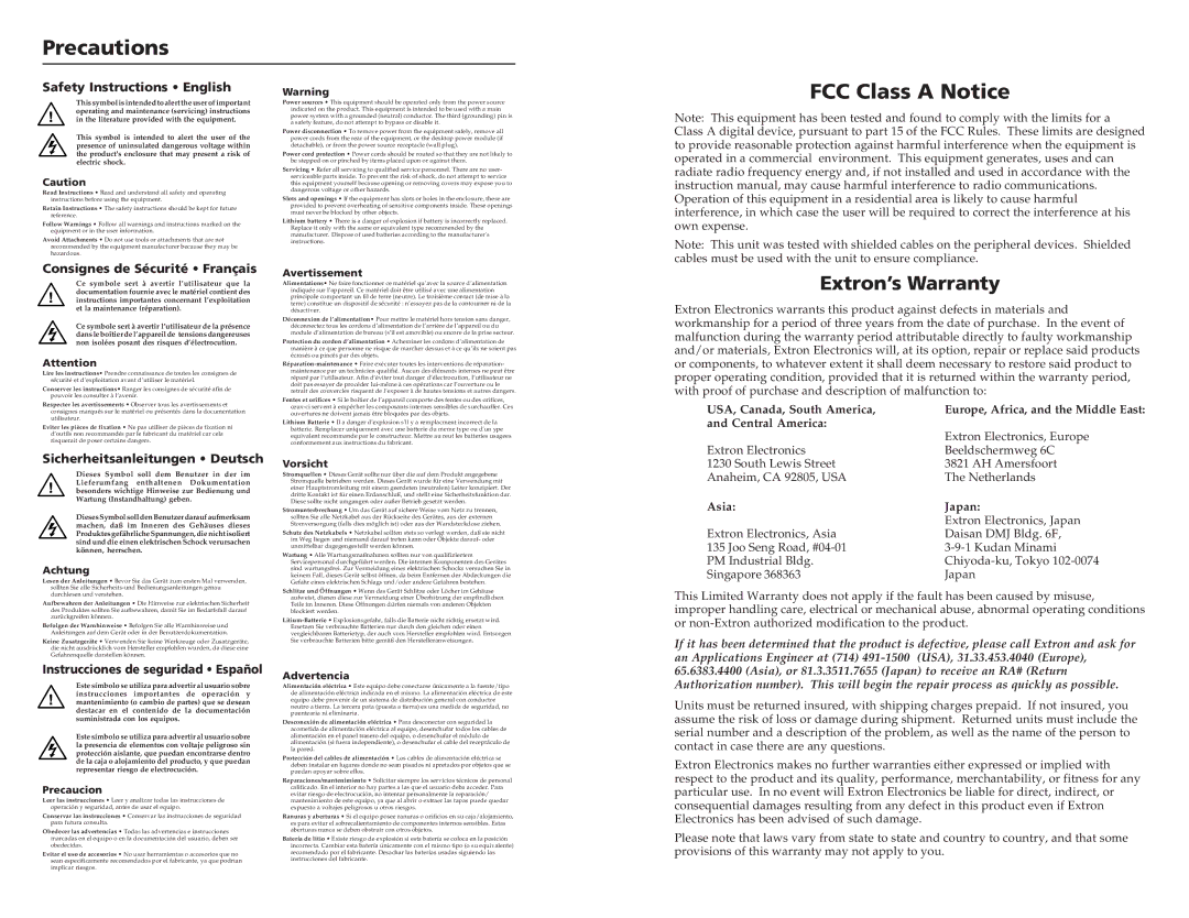 Extron electronic YCS SW6 MX user manual FCC Class a Notice, Extron’s Warranty 