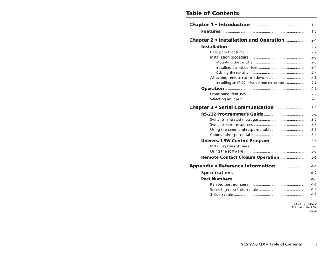 Extron electronic YCS SW6 MX user manual Table of Contents 