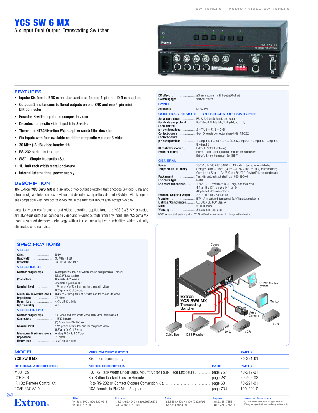 Extron electronic YCS SW6 MX specifications Description, Specifications, YCS SW 6 MX, RCAF-BNCM/10 