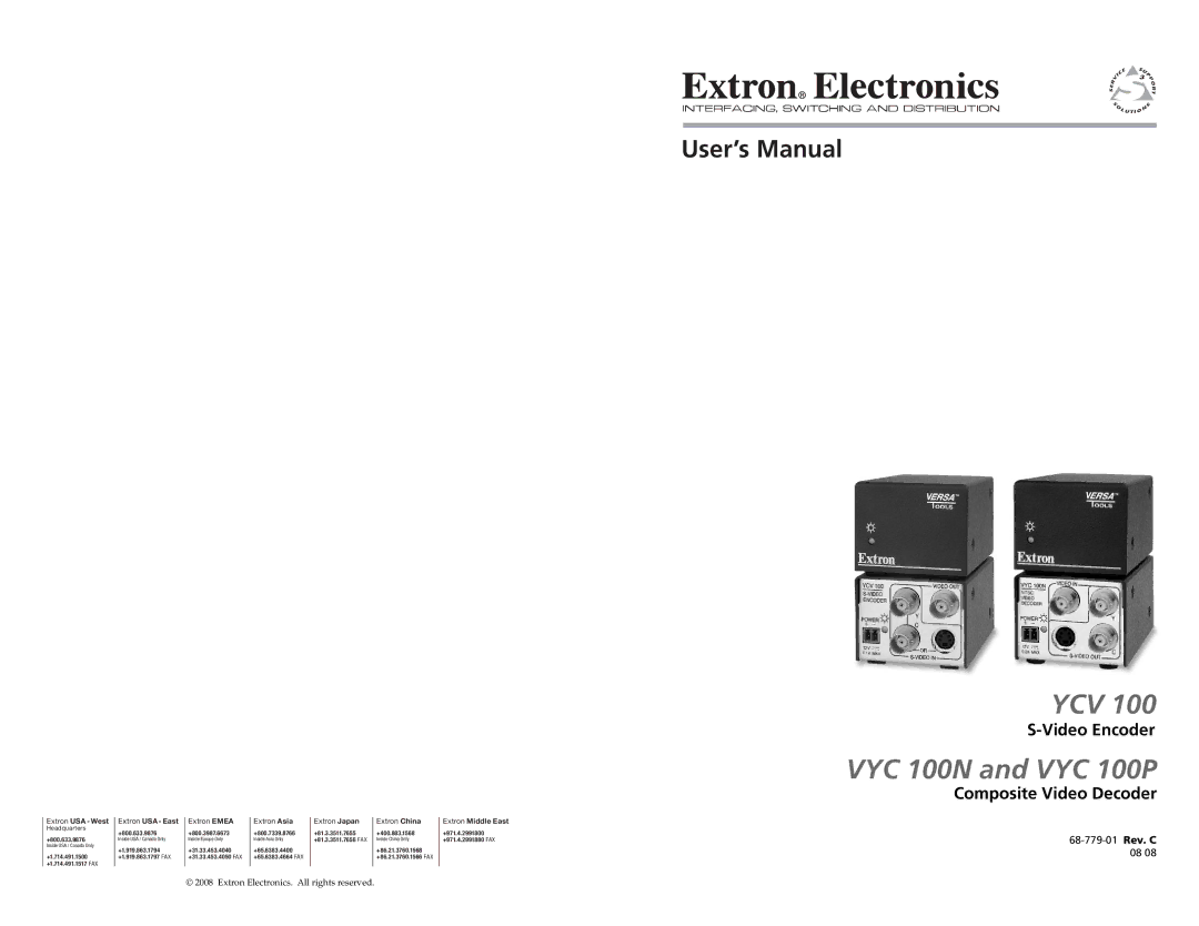 Extron electronic VYC 100N, YCV 100, VYC 100P user manual Ycv 