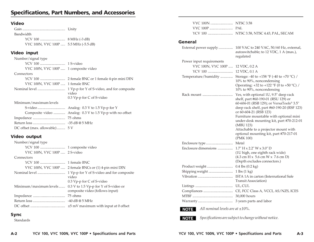 Extron electronic YCV 100, VYC 100N, VYC 100P user manual Specifications, Part Numbers, and Accessories 