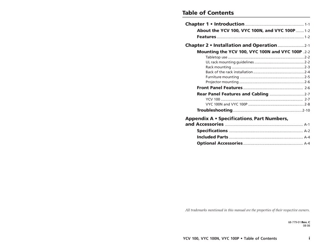 Extron electronic VYC 100N, YCV 100, VYC 100P user manual Table of Contents 