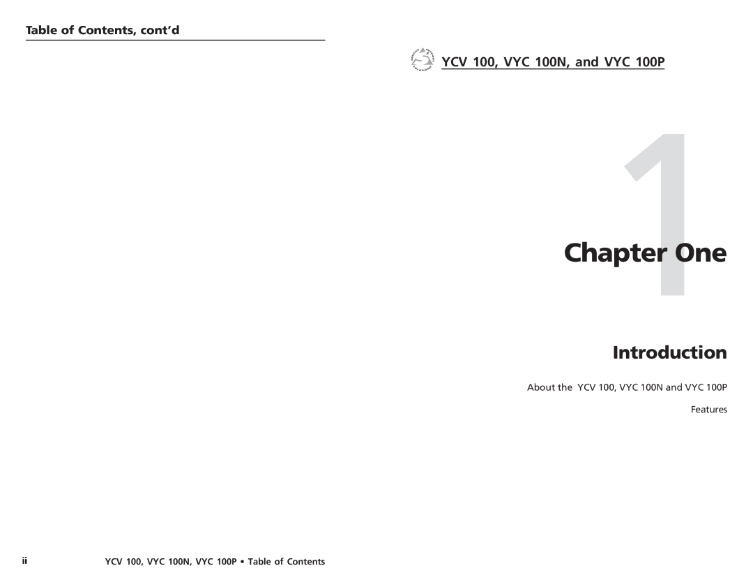 Extron electronic user manual One, Introduction, YCV 100, VYC 100N, and VYC 100P, Table of Contents, cont’d 