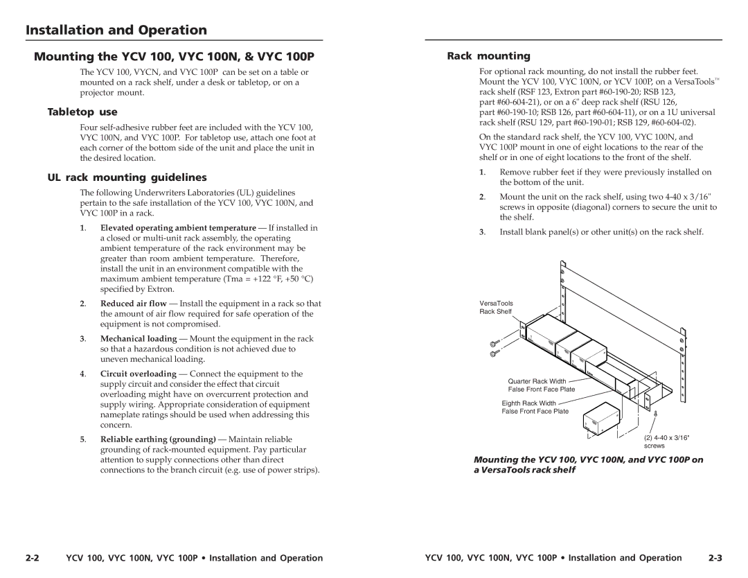 Extron electronic Installation and Operation, Mounting the YCV 100, VYC 100N, & VYC 100P, Tabletop use, Rack mounting 