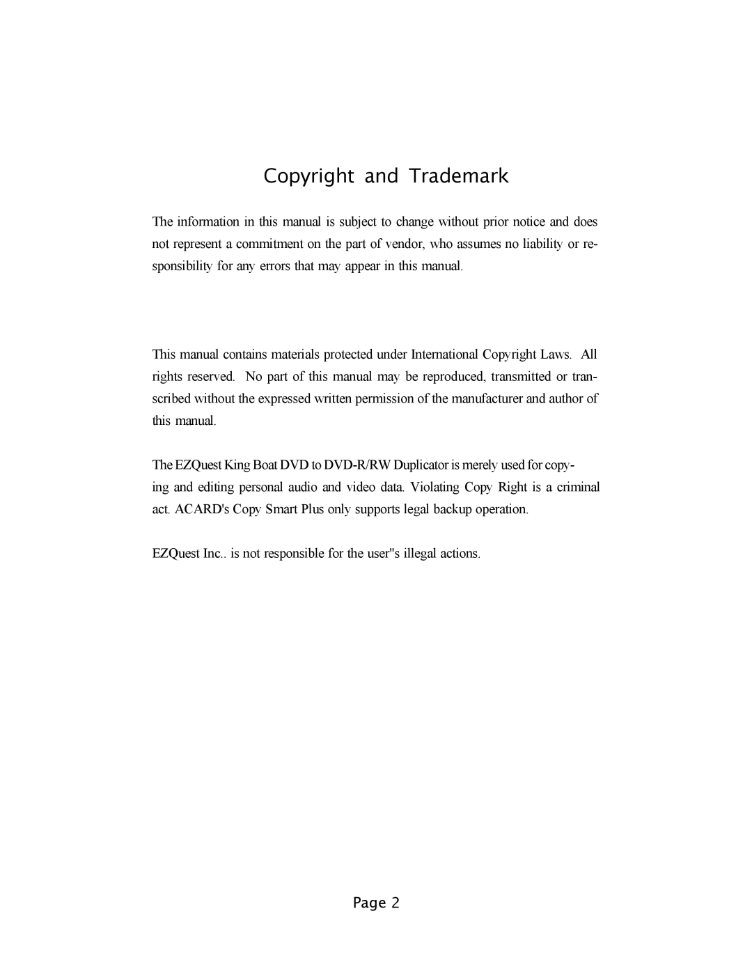 EZQuest DVD Duplication user manual Copyright and Trademark 