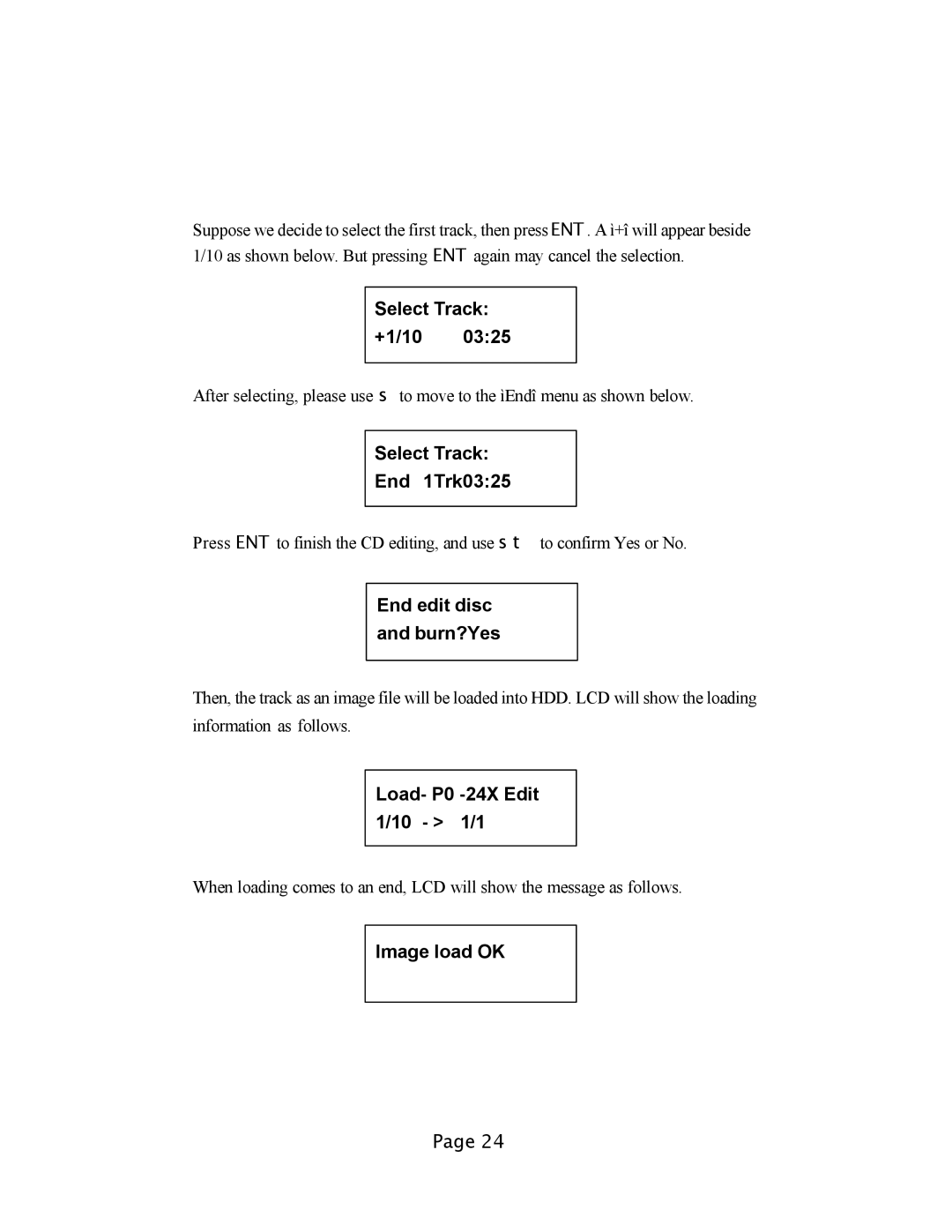 EZQuest DVD Duplication user manual Select Track +1/10, Load- P0 -24X Edit 1/10 1/1 