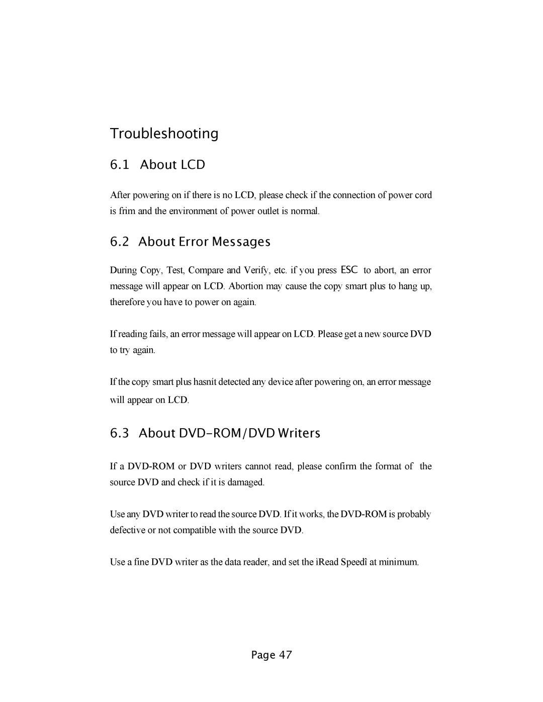 EZQuest DVD Duplication user manual About LCD, About Error Messages, About DVD-ROM/DVD Writers 