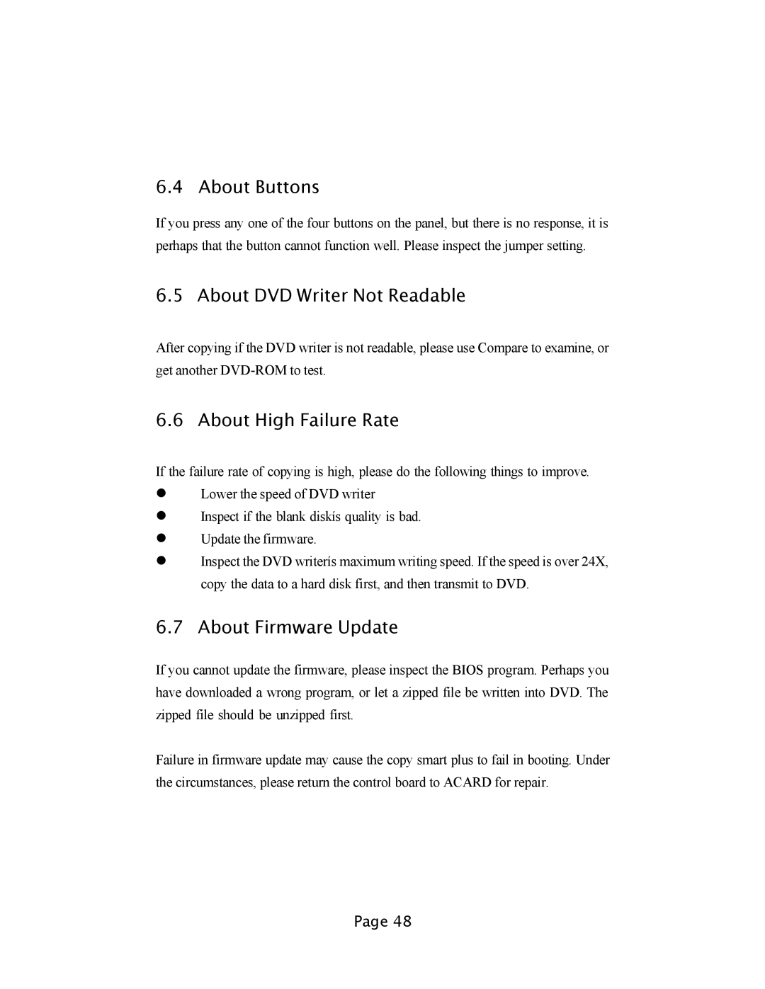 EZQuest DVD Duplication About Buttons, About DVD Writer Not Readable, About High Failure Rate, About Firmware Update 