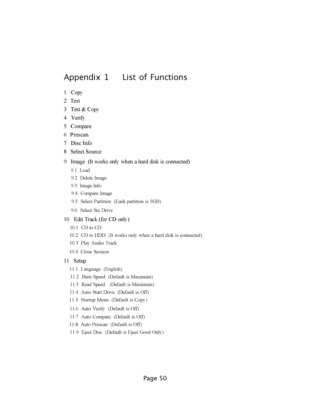 EZQuest DVD Duplication user manual Appendix 1 List of Functions 