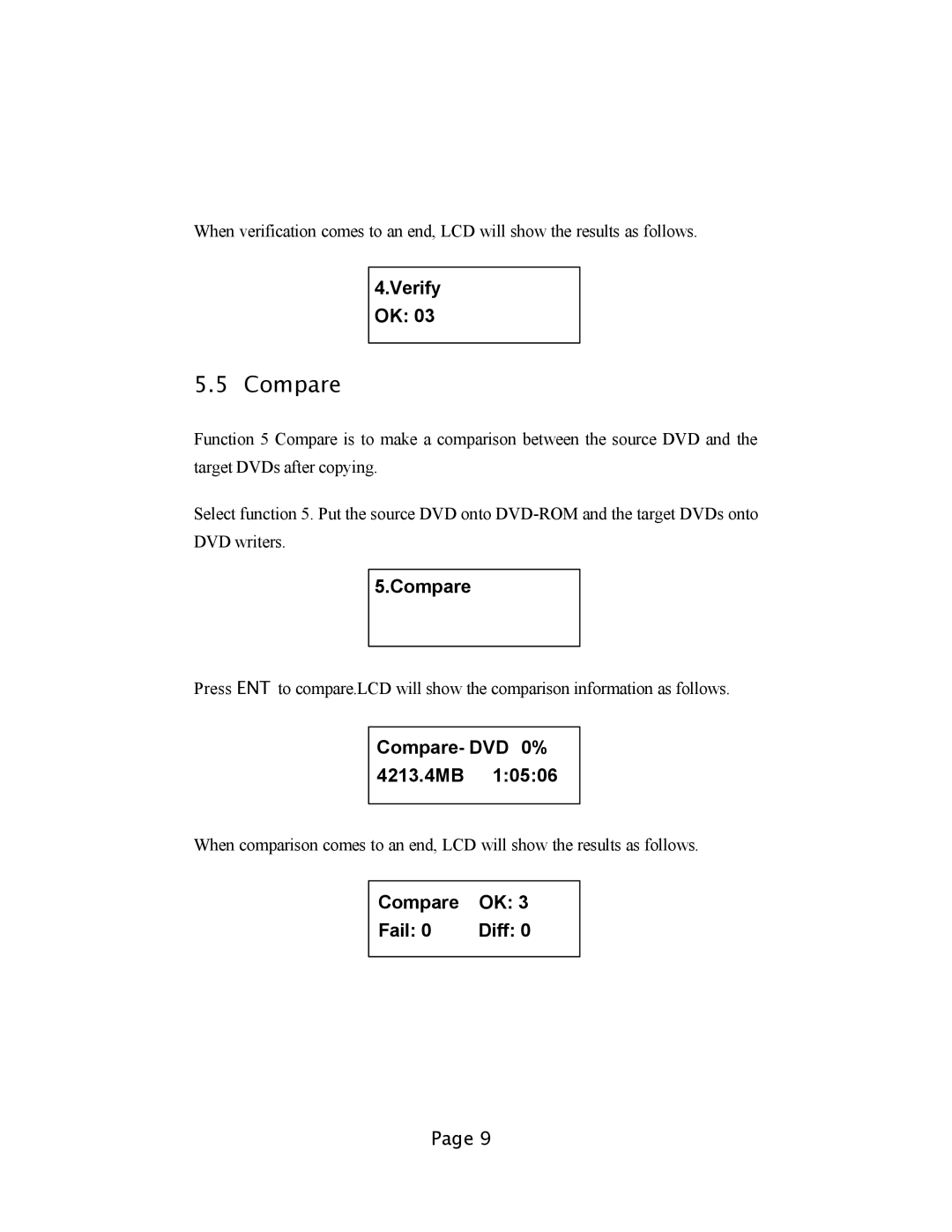 EZQuest DVD Duplication user manual Verify OK, Compare- DVD 0% 4213.4MB, Compare Fail Diff 