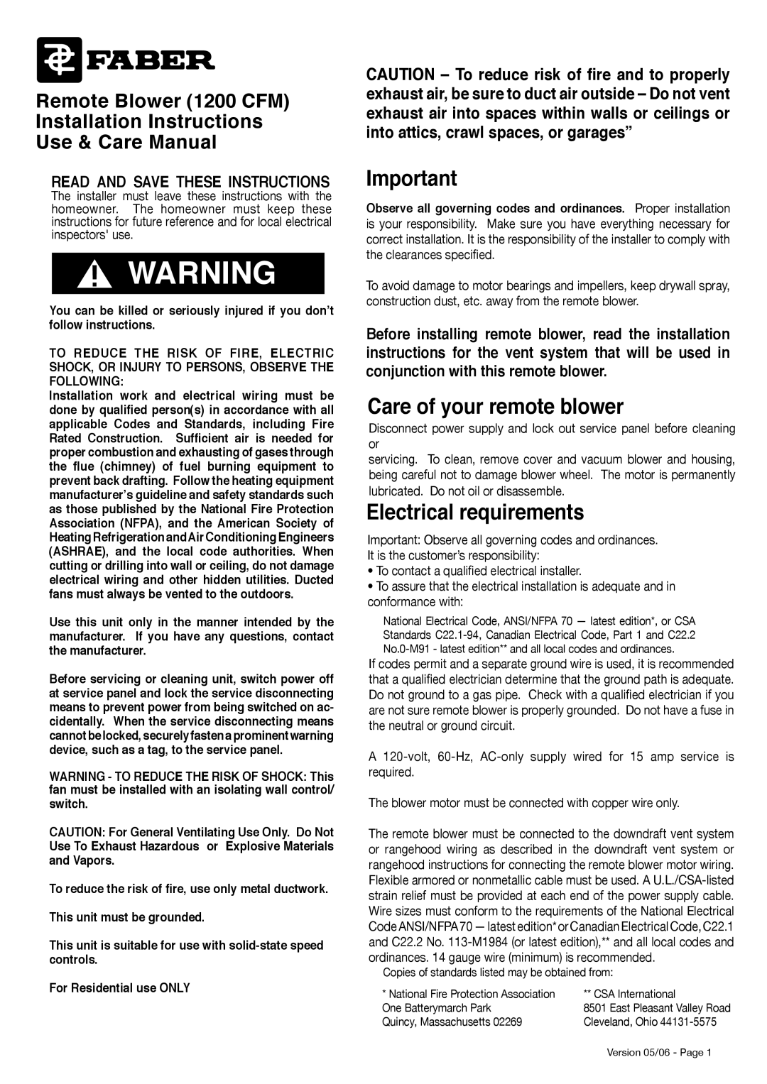 Faber 1200 CFM installation instructions Care of your remote blower, Electrical requirements 