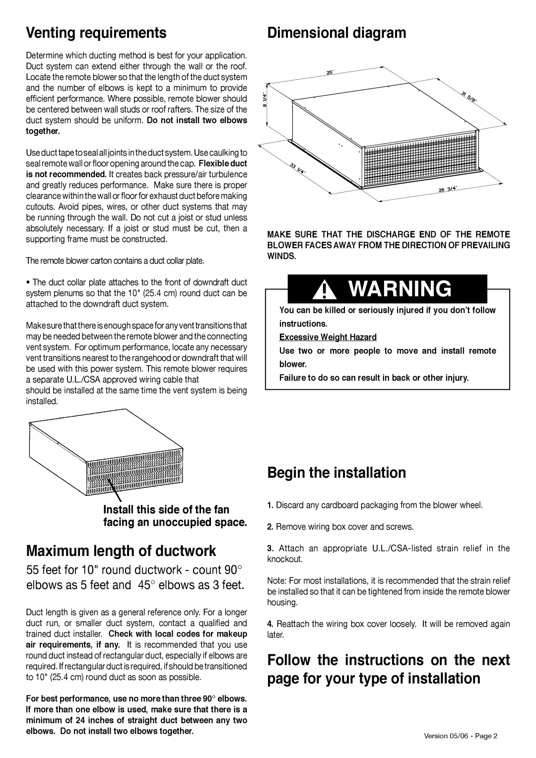 Faber 1200 CFM Venting requirements, Dimensional diagram, Maximum length of ductwork, Begin the installation 