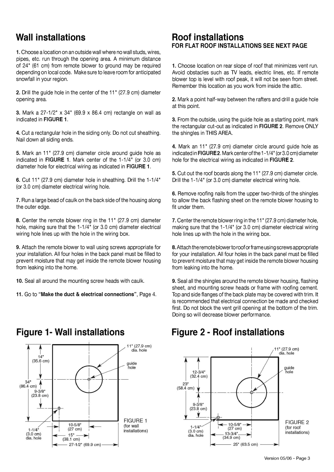 Faber 1200 CFM installation instructions Wall installations, For Flat Roof Installations see Next 