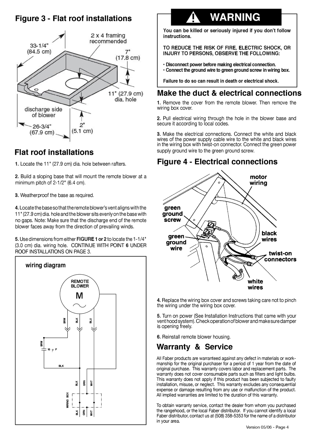 Faber 1200 CFM installation instructions Make the duct & electrical connections, Warranty & Service 