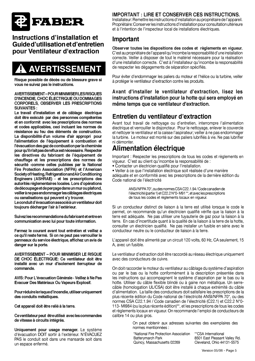 Faber 1200 CFM installation instructions Alimentation électrique, Entretien du ventilateur d’extraction 