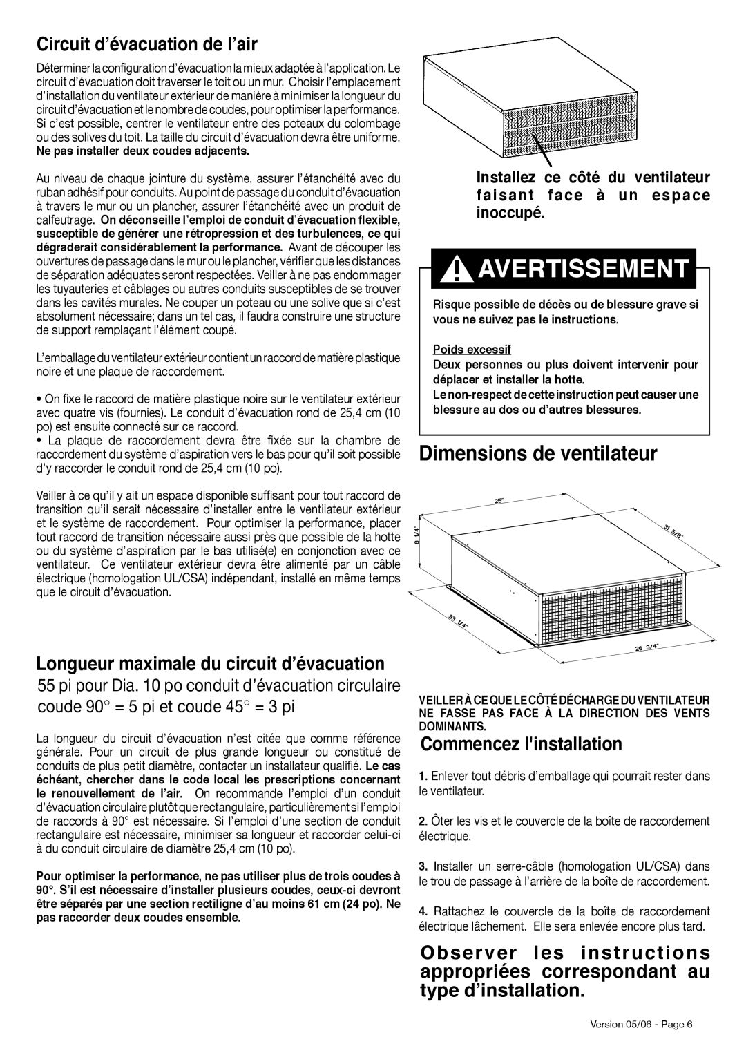 Faber 1200 CFM installation instructions Dimensions de ventilateur, Circuit d’évacuation de l’air, Commencez linstallation 