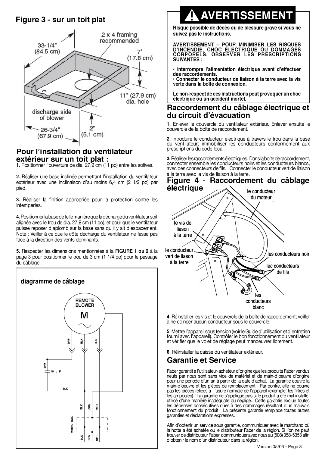 Faber 1200 CFM installation instructions Garantie et Service, La terre avec la vis de liaison à la terre 