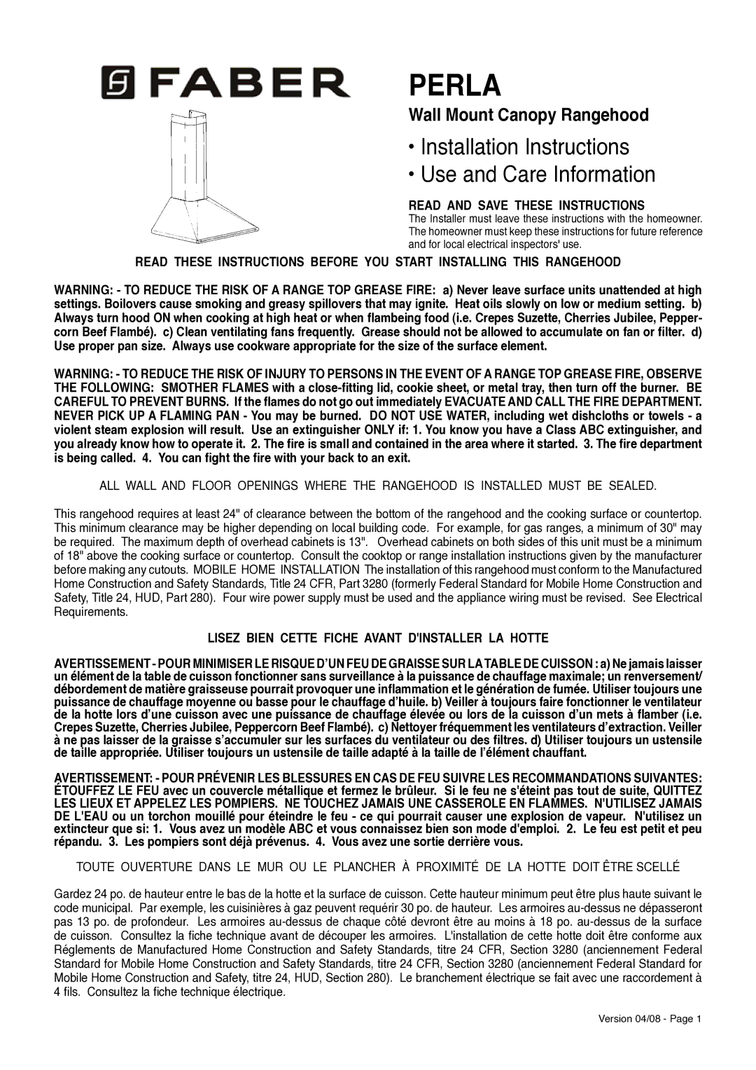 Faber 36 installation instructions Read and Save These Instructions, Lisez Bien Cette Fiche Avant Dinstaller LA Hotte 