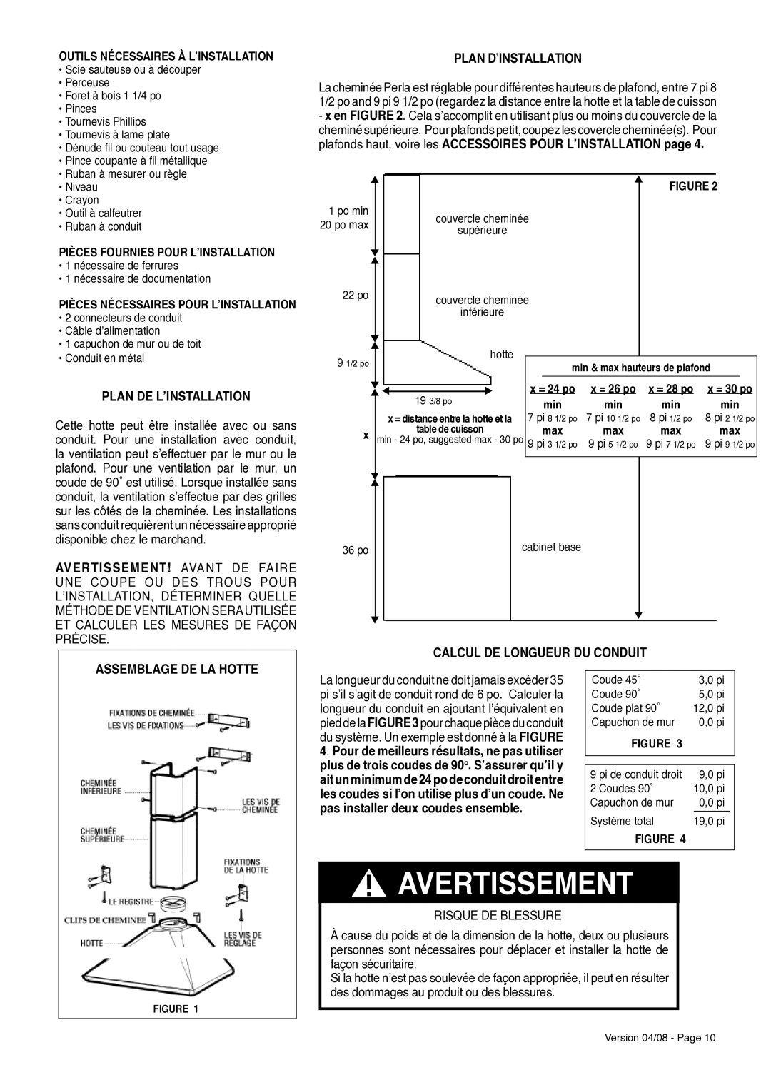 Faber 36 installation instructions Plan D’INSTALLATION, Plan DE L’INSTALLATION, AVERTISSEMENT! Avant DE Faire 