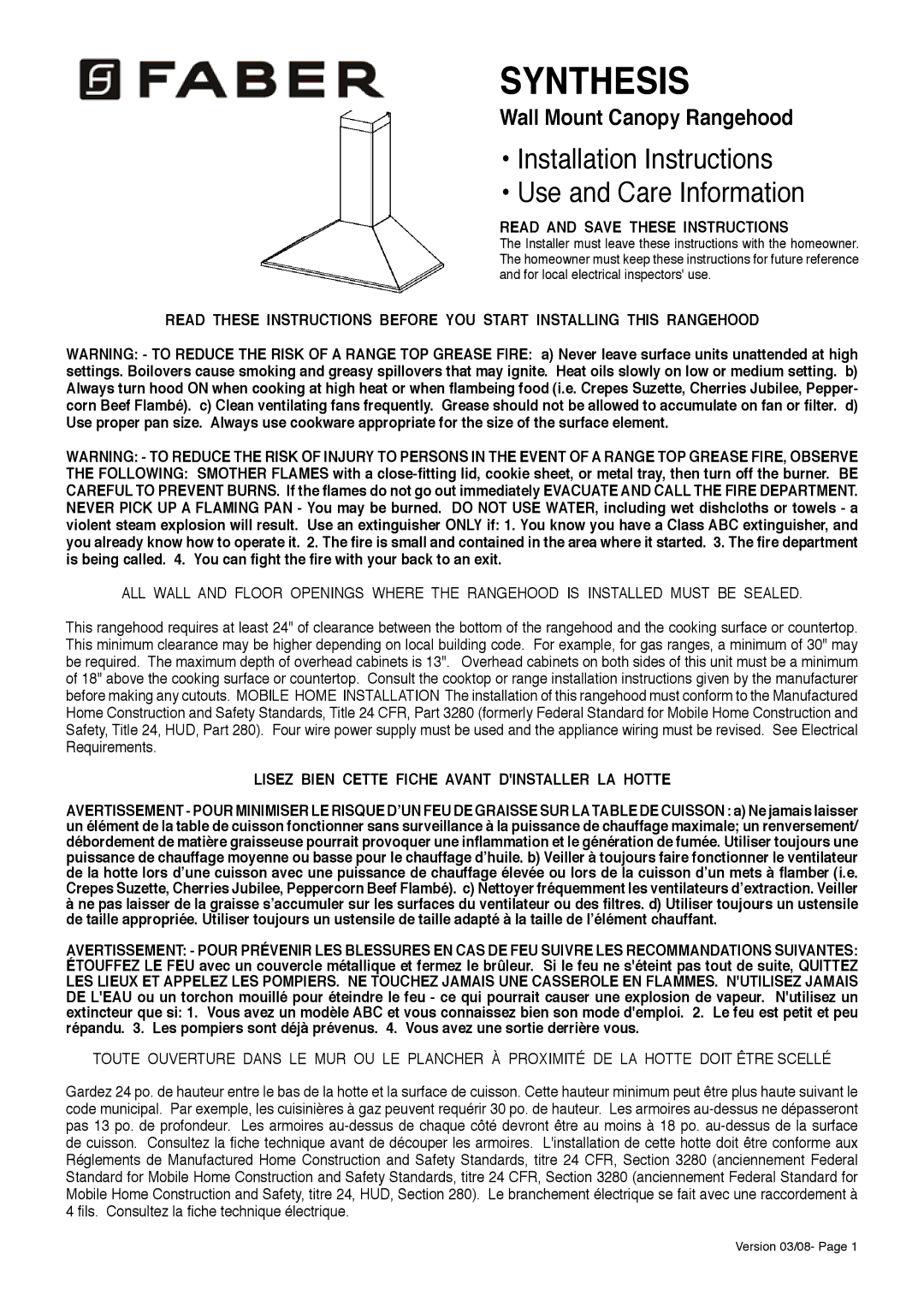 Faber 280 CFM installation instructions Read and Save These Instructions, Lisez Bien Cette Fiche Avant Dinstaller LA Hotte 