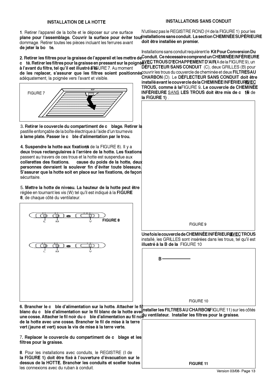 Faber 280 CFM, 500 CFM installation instructions Installation DE LA Hotte, Installations Sans Conduit 