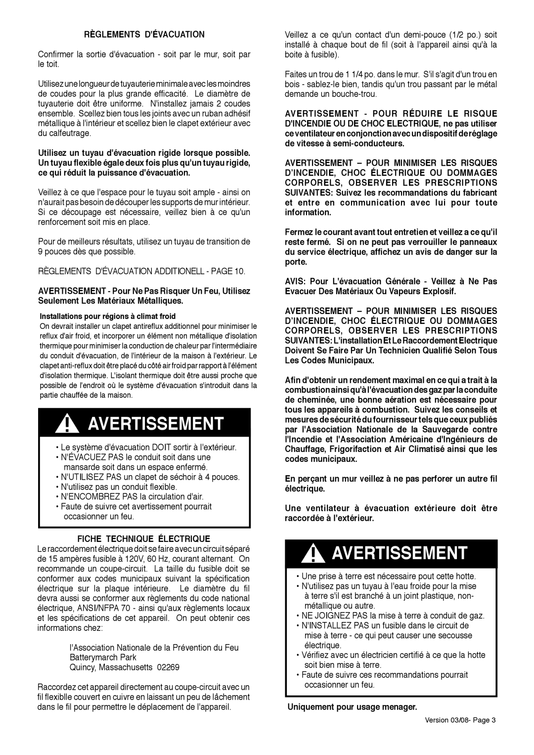 Faber 280 CFM, 500 CFM Règlements Dévacuation, Le système dévacuation Doit sortir à lextérieur, Fiche Technique Électrique 