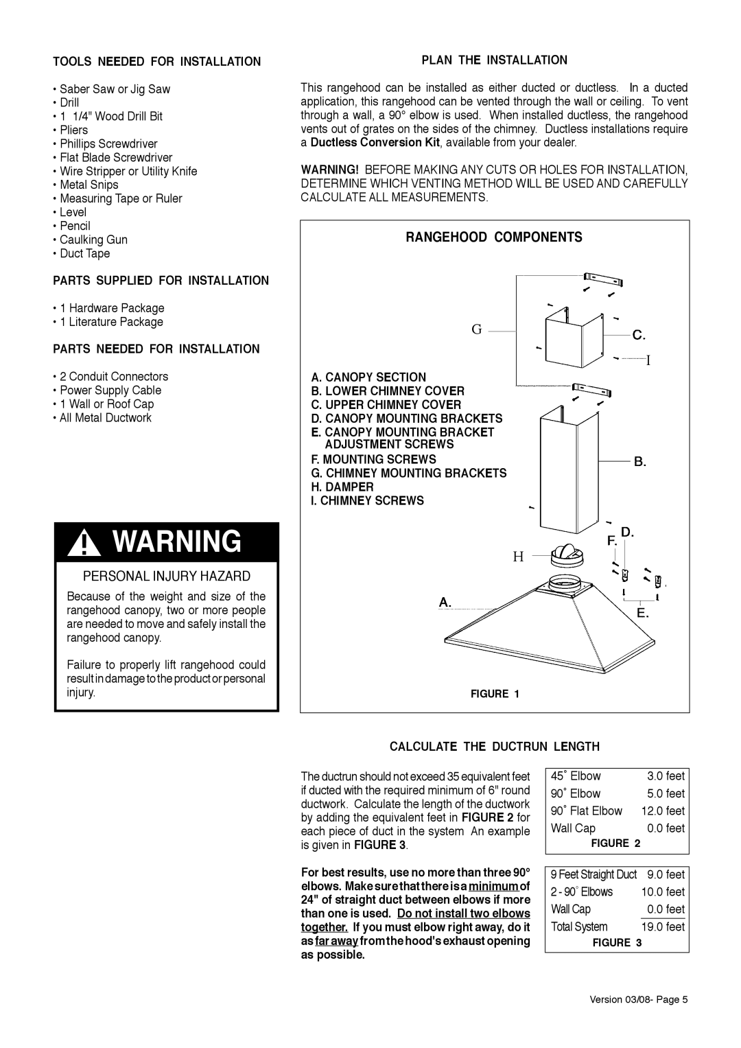 Faber 280 CFM, 500 CFM Tools Needed for Installation, Parts Supplied for Installation, Parts Needed for Installation 