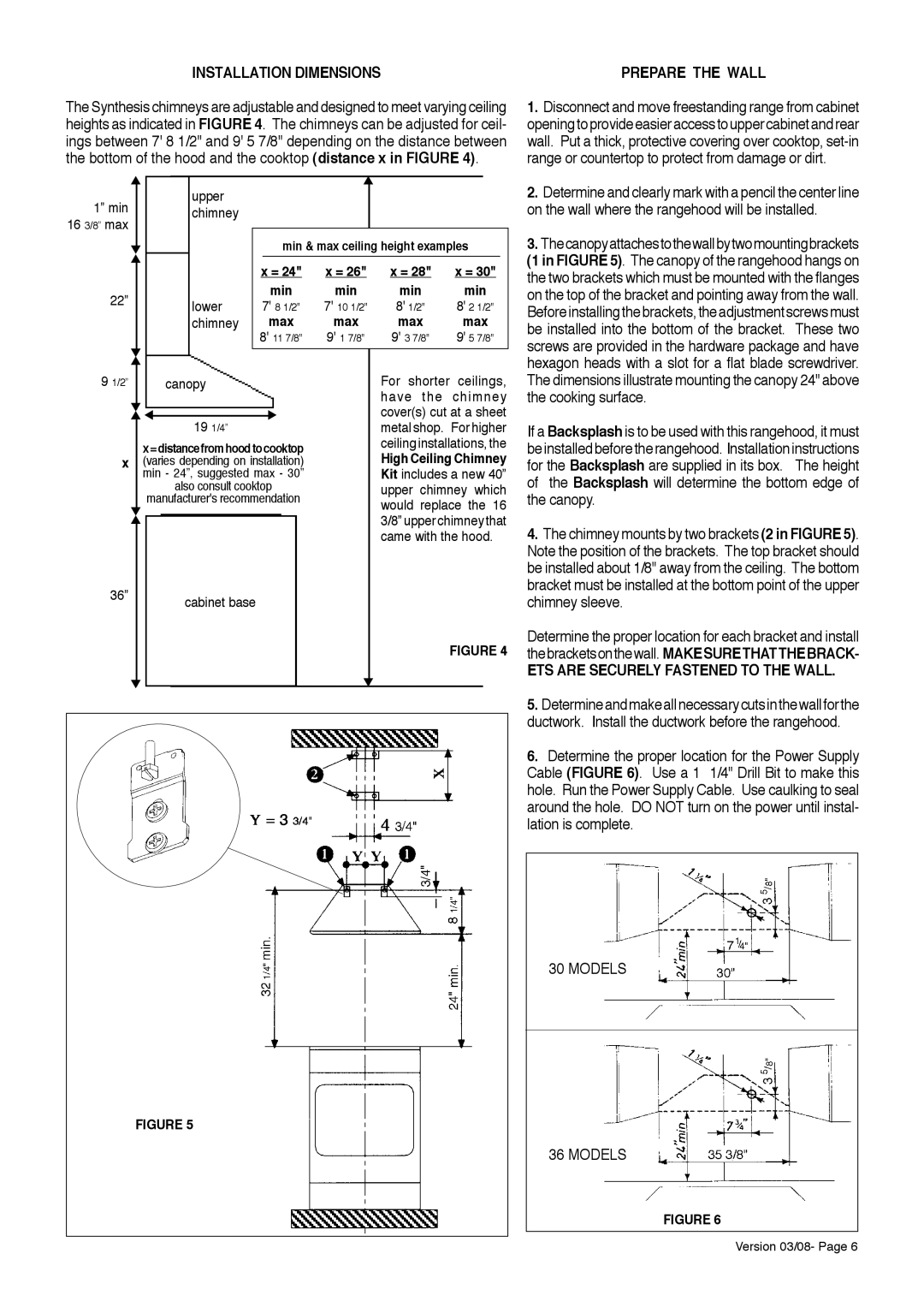 Faber 500 CFM, 280 CFM Installation Dimensions, Prepare the Wall, On the wall where the rangehood will be installed 