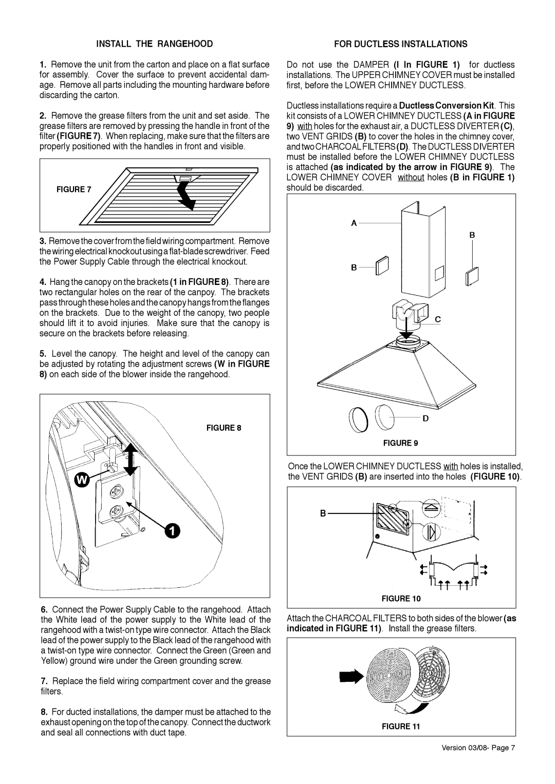 Faber 280 CFM, 500 CFM installation instructions Install the Rangehood, For Ductless Installations 