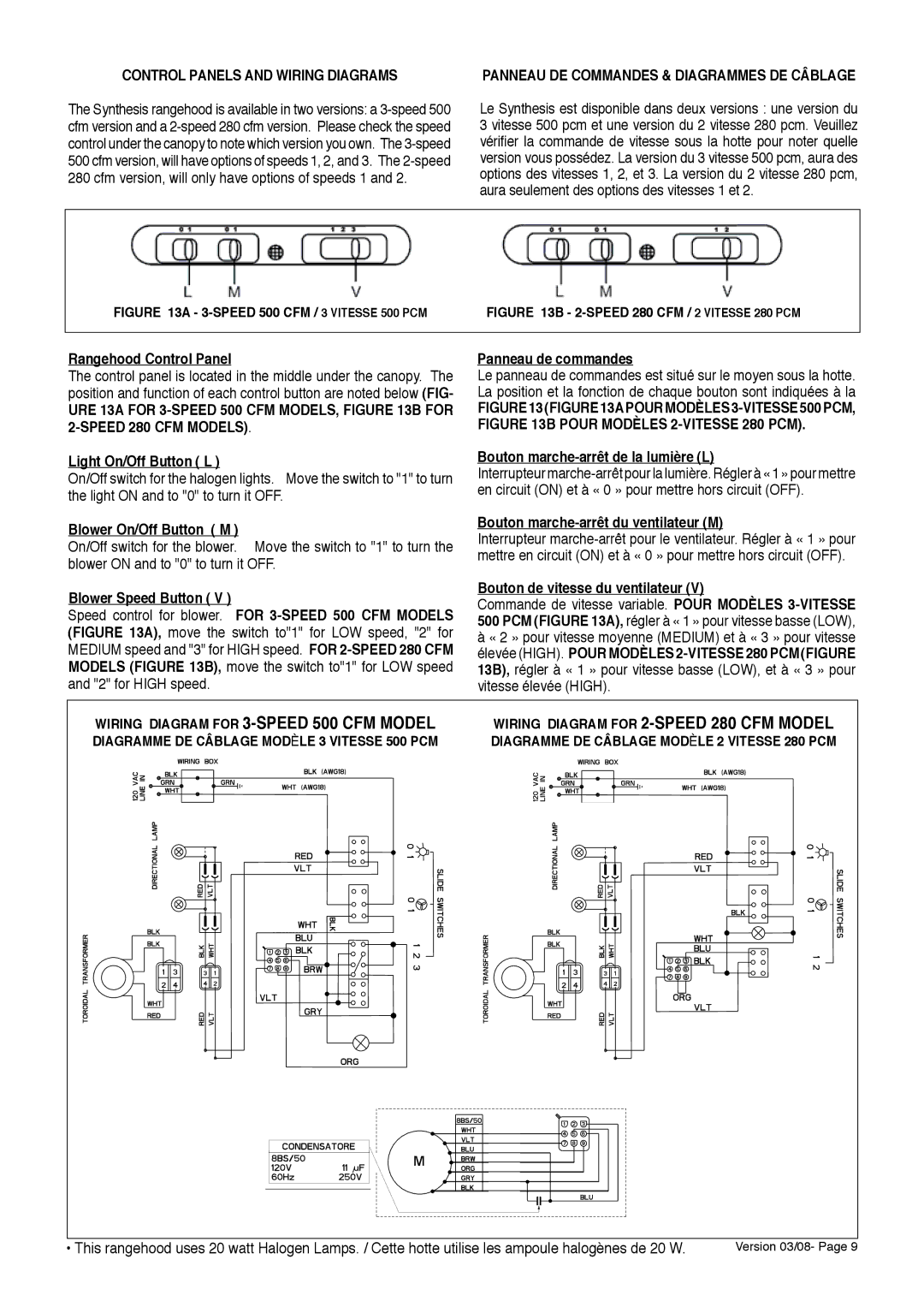 Faber 500 CFM installation instructions Control Panels and Wiring Diagrams, Speed 280 CFM Models 