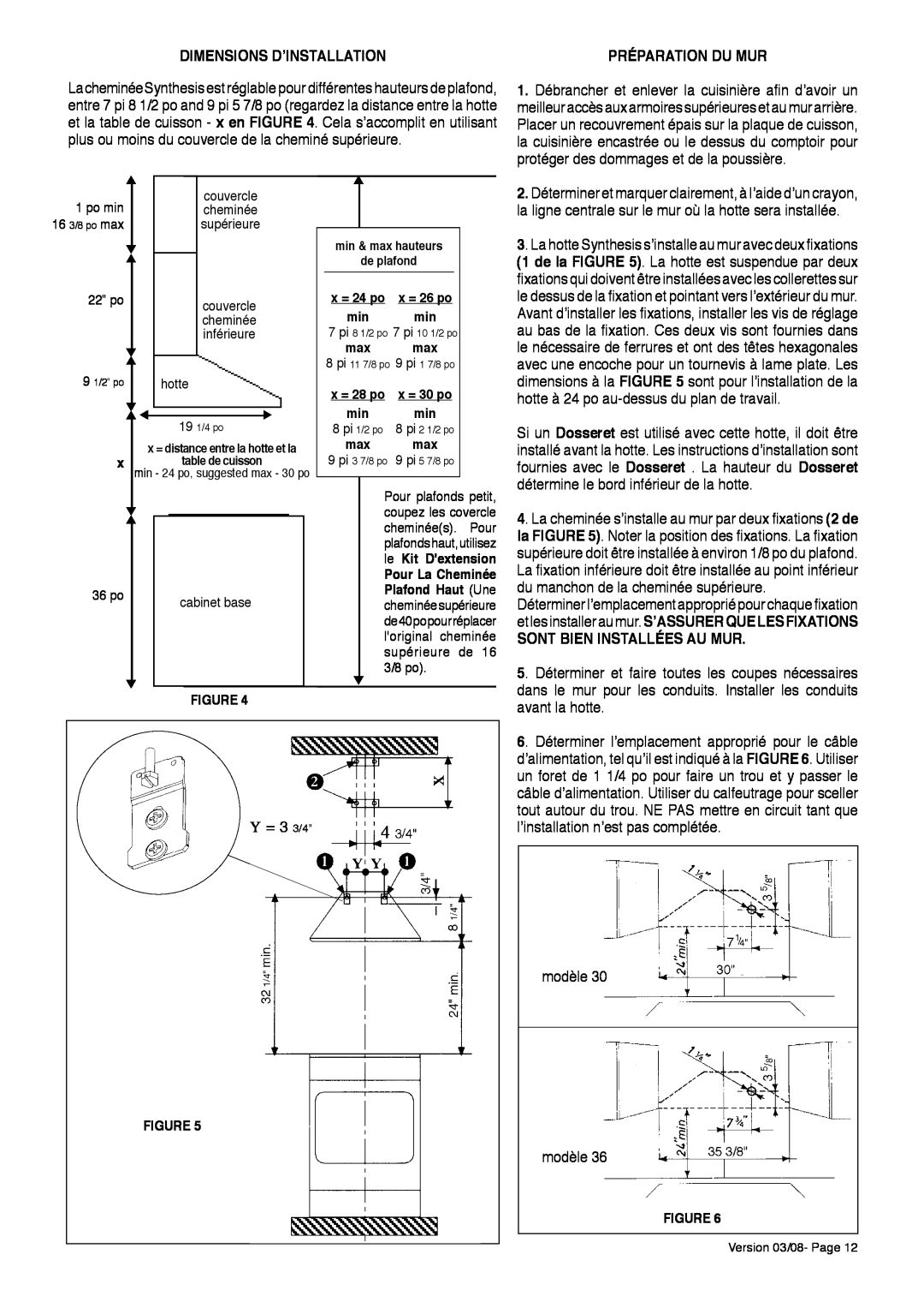 Faber 500 CFM, 280 CFM installation instructions de plafond, x = 24 po, x = 28 po, le Kit Dextension, Plafond Haut Une 